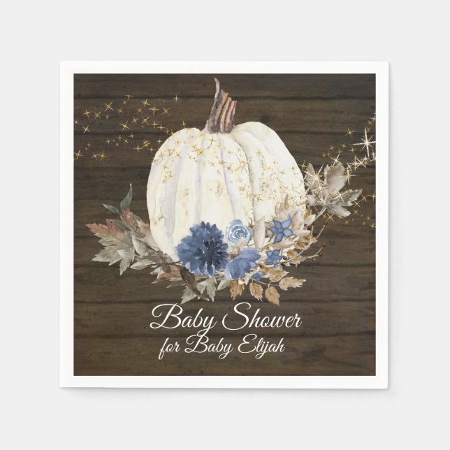 Navy Gold Floral Rustic Wood Pumpkin Baby Dusche Serviette (Vorderseite)