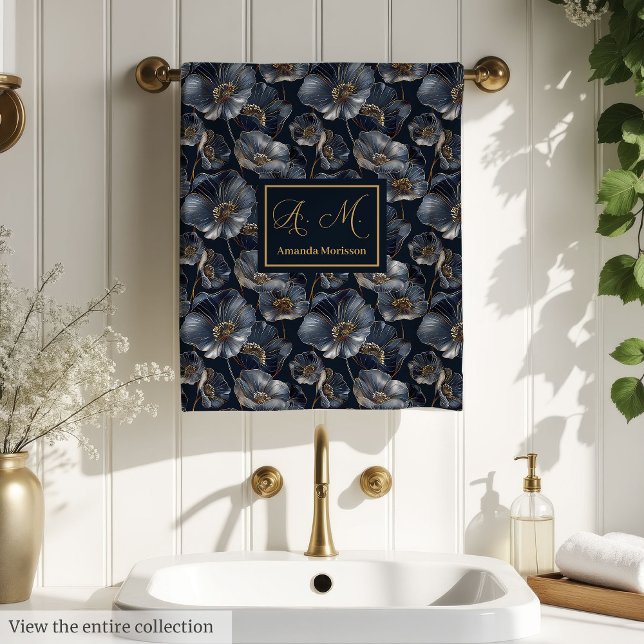 Navy Gold Floral Towels Elegant Monogram Accent Badhandtuch Set (Navy Gold Floral Towels Elegant Monogram Accent)