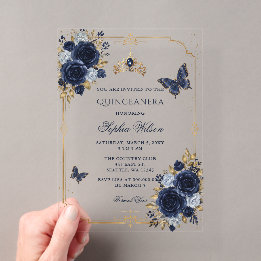 Navy Gold Florale Schmetterling Quinceañera Acryleinladungen
