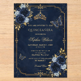 Navy Gold Florale Schmetterling Quinceañera Acryleinladungen
