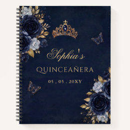 Navy Gold Florales Schmetterling Quinceañera Gäste Notizbuch