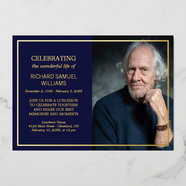 Navy & Gold Foil Custom Foto Life Celebration Folieneinladung (Vorderseite)