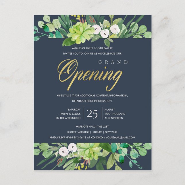 NAVY GOLD FOLIAGE FRAME GRAND ÖFFNUNGSZEREMONIE POSTKARTE (Vorderseite)