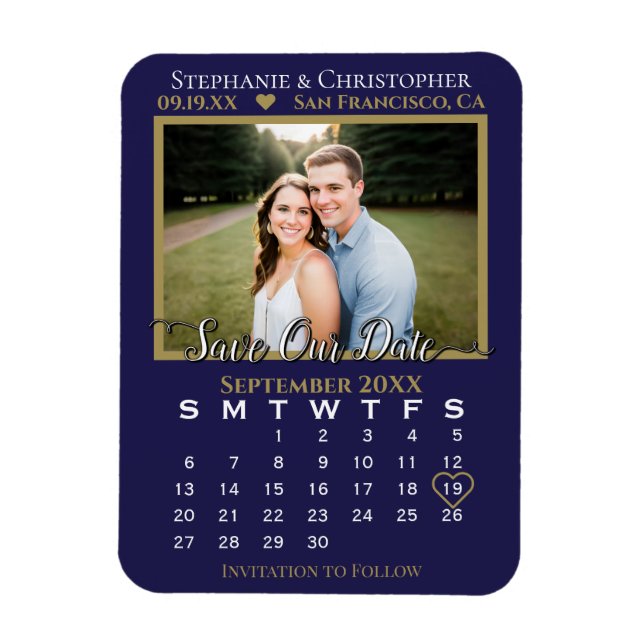 Navy & Gold Foto Kalender Rette unsere Hochzeit Magnet (Vertikal)