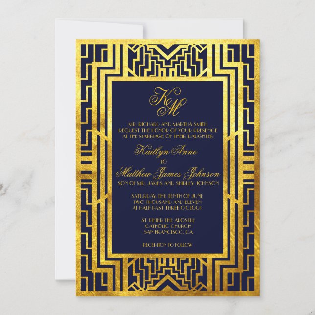 Navy Gold Gatsby Art Deco Einladungs-Karte Einladung (Vorderseite)