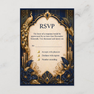 Navy Gold Gatsby Pfau RSVP Hochzeit luxuriös Begleitkarte