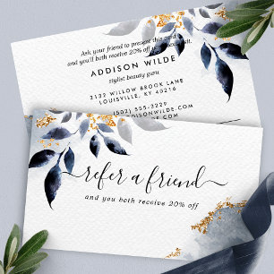 Navy Gold Glitter Botanische Blätter Modern Empfehlungskarte