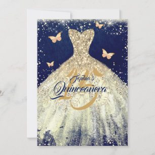 Navy Gold Glitz Schmetterling Kleid Quinceanera Einladung