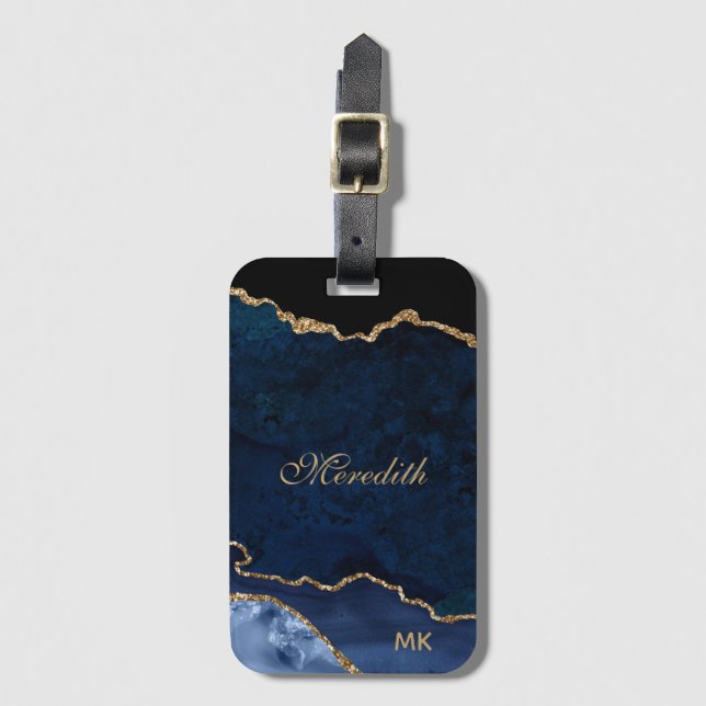 Navy Gold Glitzer Agate Personalisiert Gepäckanhänger (Vorderseite Vertikal)