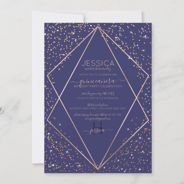 Navy Gold Glitzer Confetti Terrarium Quinceañera Einladung (Vorderseite)