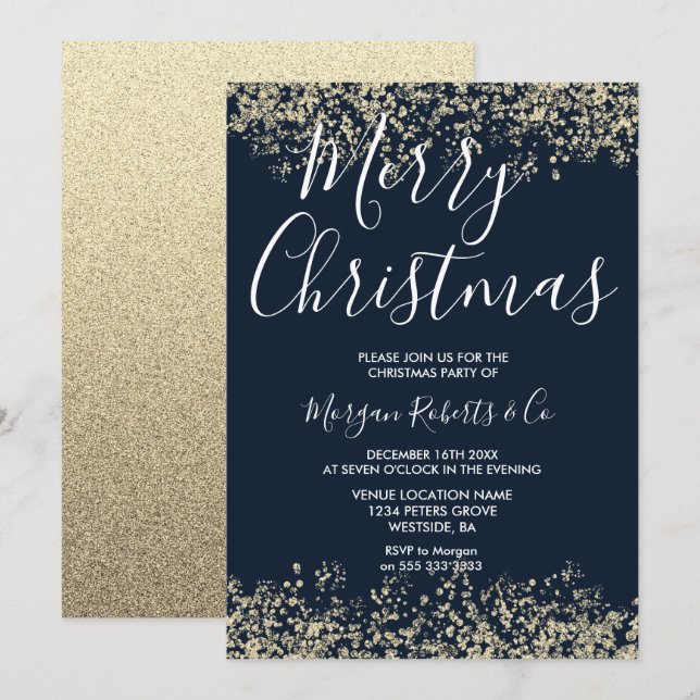 Navy Gold Glitzer Corporate Party Weihnachtszeit Einladung (Vorne/Hinten)