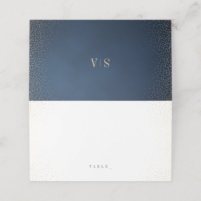 Navy & Gold Glitzer Hochzeit mit ausgeklügelten Mo Platzkarte (Außenseite Aufgefaltet)