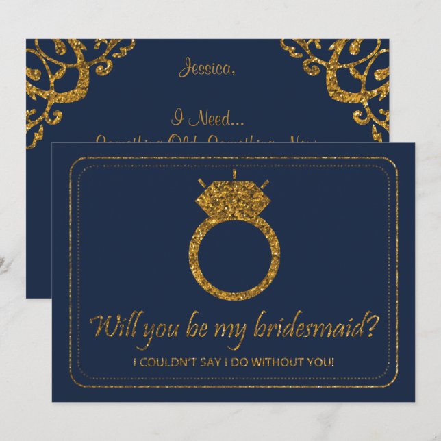 Navy & Gold Glitzer | Werden Sie meine Bridesmaid  Einladung (Vorne/Hinten)