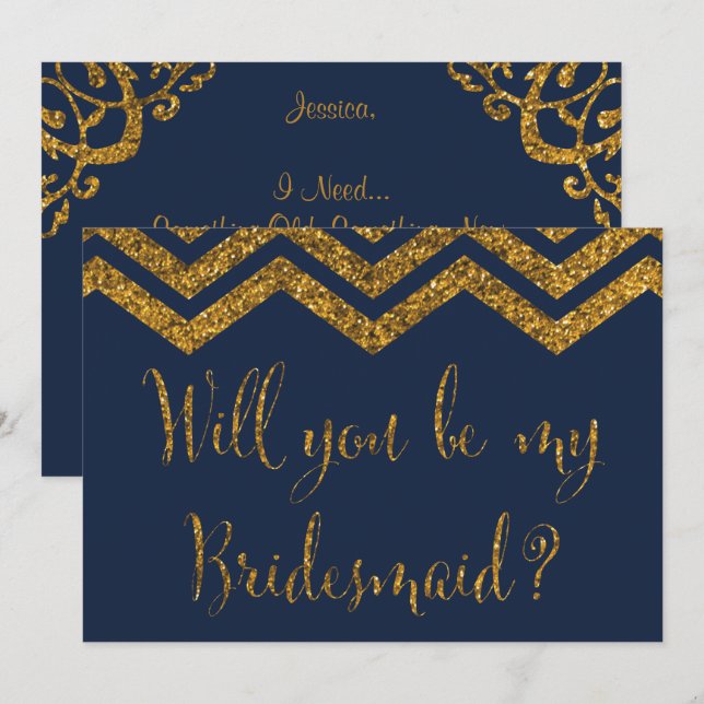 Navy & Gold Glitzer | Werden Sie meine Bridesmaid  Einladung (Vorne/Hinten)