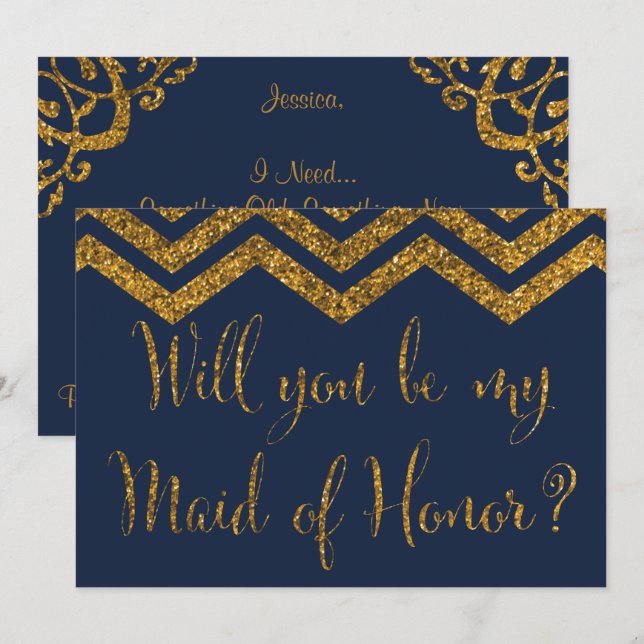 Navy & Gold Glitzer Werden Sie meine Trauzeugin? Einladung (Vorne/Hinten)