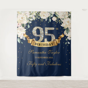 Navy Gold Greenery Floral 95. Geburtstag Hintergru Wandteppich