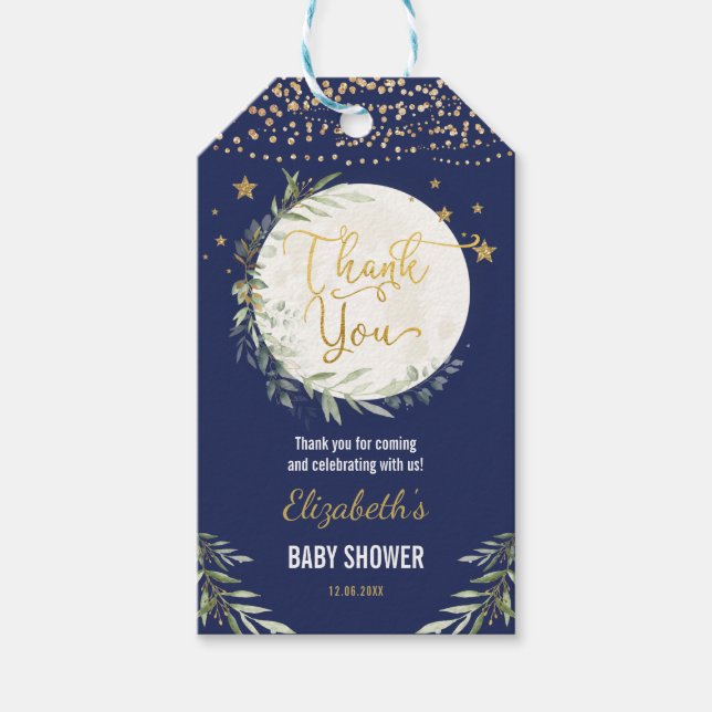 Navy Gold Greenery Moon Twinkle Star Duwer Favors Geschenkanhänger (Vorderseite)