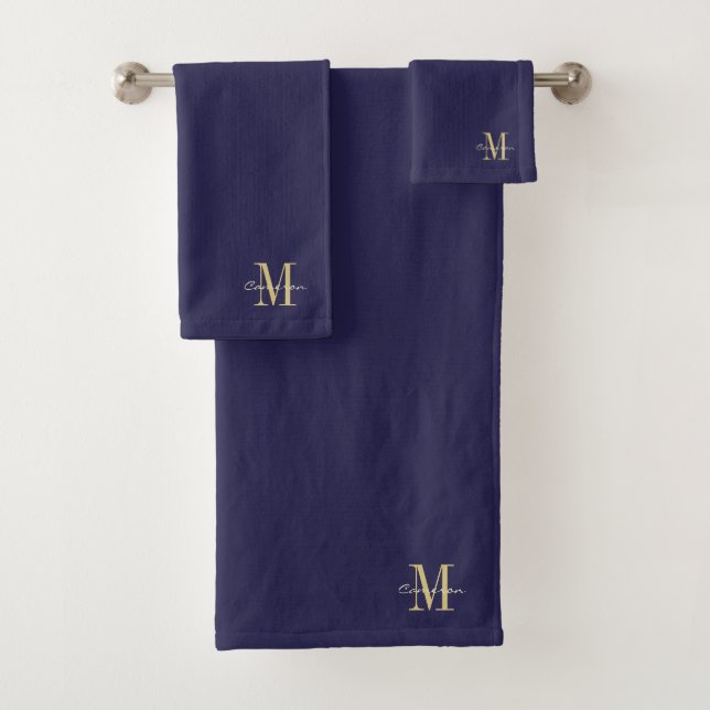 Navy Gold Initial und Name Personalisiert Badhandtuch Set (Insitu)