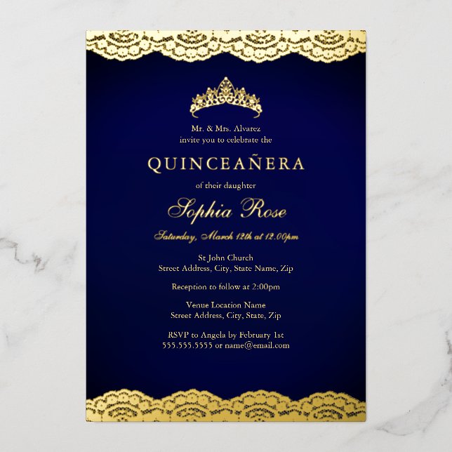 Navy Gold Lace Tiara Quinceanera Foil Folieneinladung (Vorderseite)