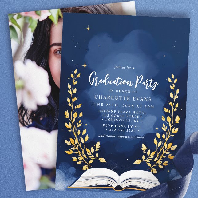 Navy Gold Laurel Book Graduation Party Foto Einladung (Von Creator hochgeladen)