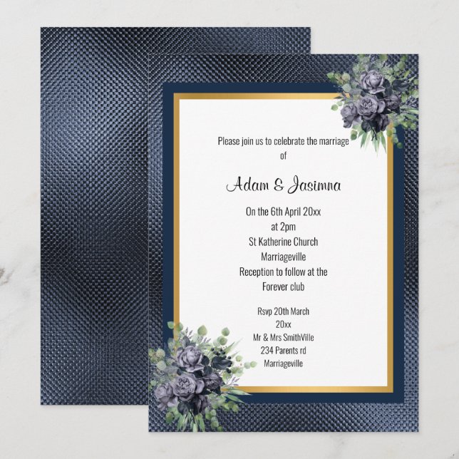 NAVY GOLD LAYERED EMBOSSED FLORAL WEDD EINLADUNG (Vorne/Hinten)