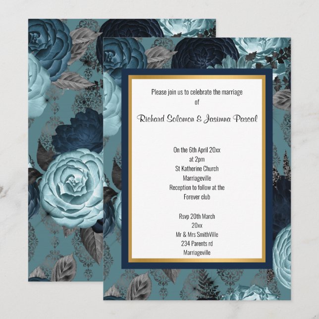 NAVY GOLD LAYERED FLORAL WEDING EINLADUNG (Vorne/Hinten)
