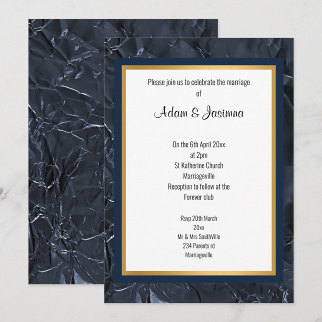 NAVY GOLD LAYERED FOIL SEHEN WEDEREINLADUNG EINLADUNG (Vorne/Hinten)