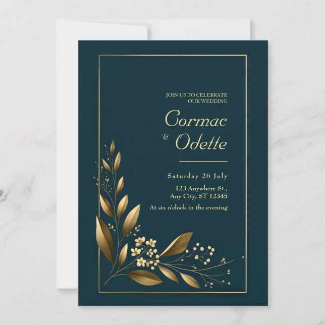 Navy Gold Leaf Botanical Wedding Einladung (Vorderseite)