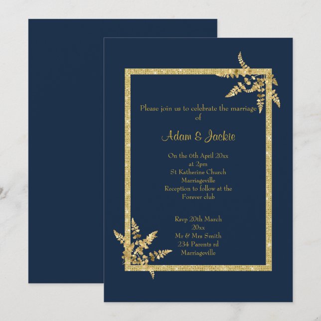 NAVY GOLD LEAF ELEGANT WEDD EINLADUNG (Vorne/Hinten)