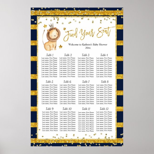Navy Gold Lion Baby Shower Chart Poster (Vorne)