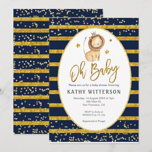 Navy Gold Lion Oh Baby Dusche Einladung (Vorne/Hinten)
