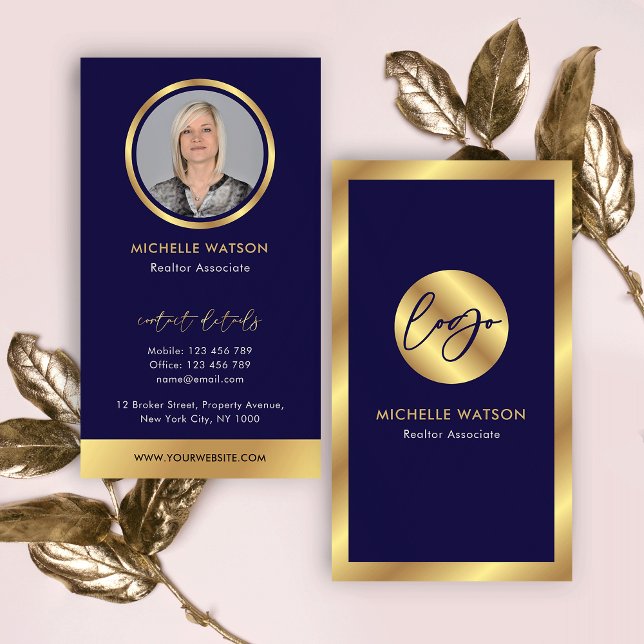 Navy & Gold Logo Elegant Notary Real Estate Photo Visitenkarte (Professional navy blue and faux gold business cards with space for your photo and logo)