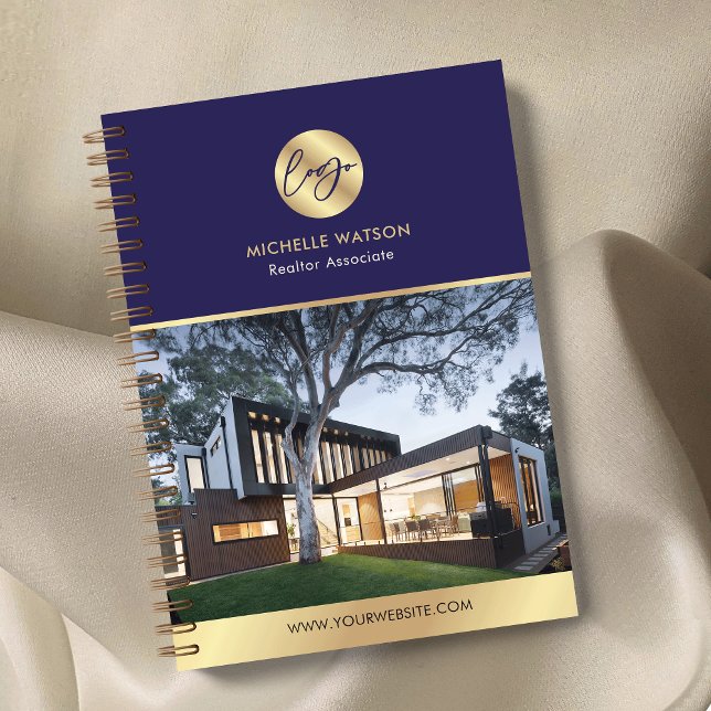 Navy & Gold Logo Elegantes Real Anwesen Broker Fot Notizbuch (Navy and gold modern business notebook with space for your custom photo and logo)