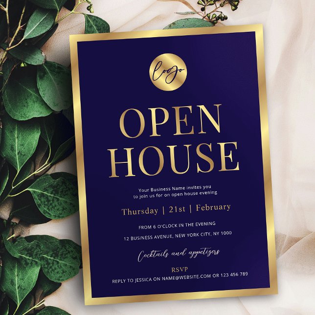 Navy & Gold Logo Modern Business Open House Einladung (Professional navy blue and faux gold business logo open house invitation design)