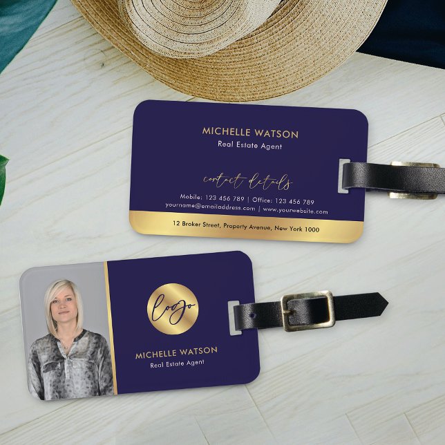 Navy & Gold Logo Modern Real Anwesen Agent Foto Gepäckanhänger (Elegant navy blue and gold effects photo luggage tag with your logo and contact details)