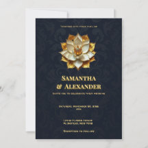 Navy Gold Lotus Hochzeitseinladung Elegant