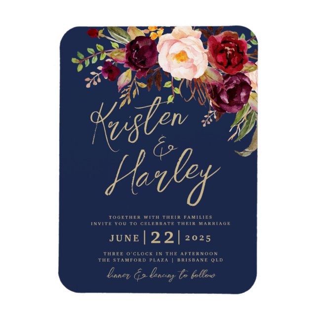 Navy Gold Marsala Wedding Einladung Magnet (Vertikal)