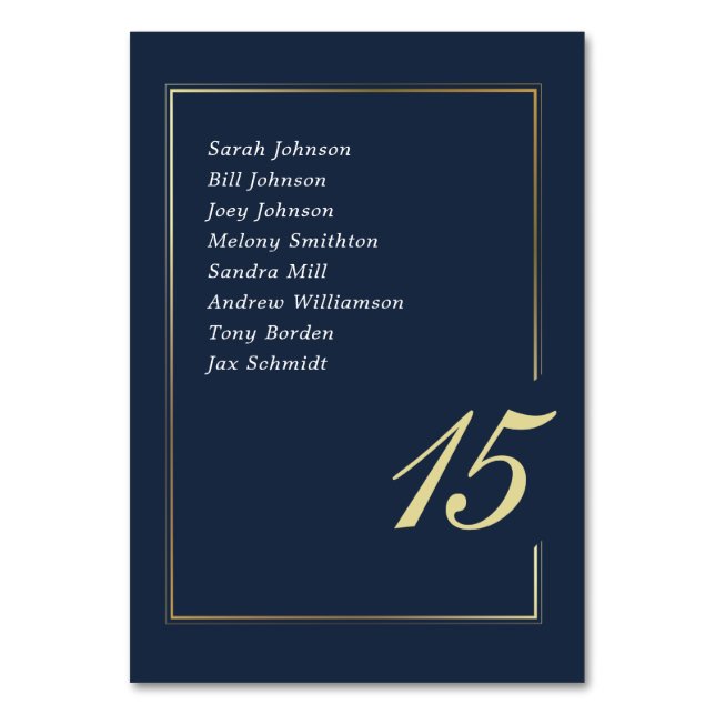 Navy Gold Minimal Border Script Typography Wedding Tischnummer (Vorderseite)