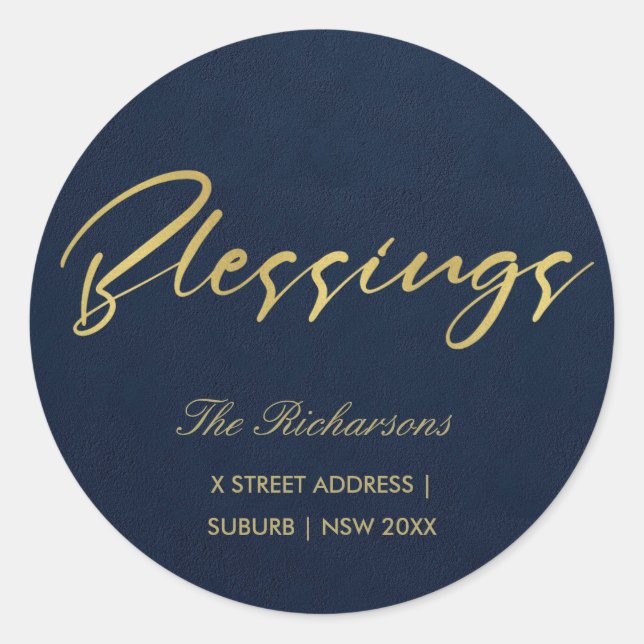 NAVY GOLD MINIMAL CALLIGRAPHY BLESSINGS ADRESSE RUNDER AUFKLEBER (Vorderseite)