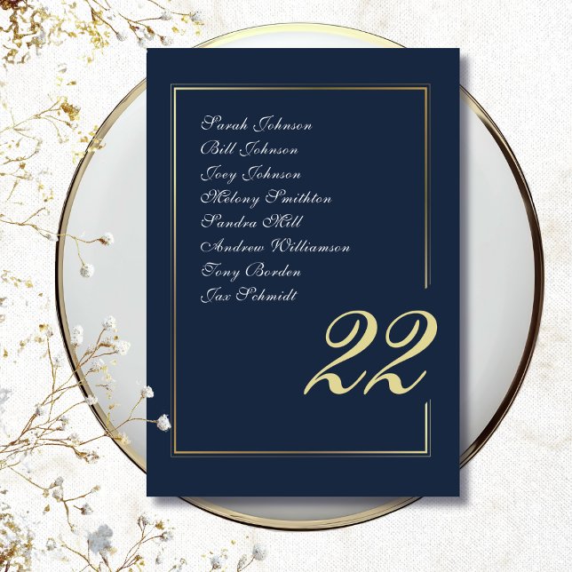 Navy Gold Minimal Script Calligraphy Wedding Tischnummer (Von Creator hochgeladen)