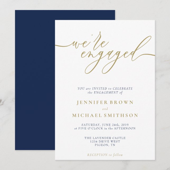 Navy Gold Modern Wir sind Verlobt Einladung (Vorne/Hinten)