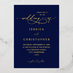 Navy & Gold Moderne Kalligraphie 3 Hochzeiten Folieneinladung
