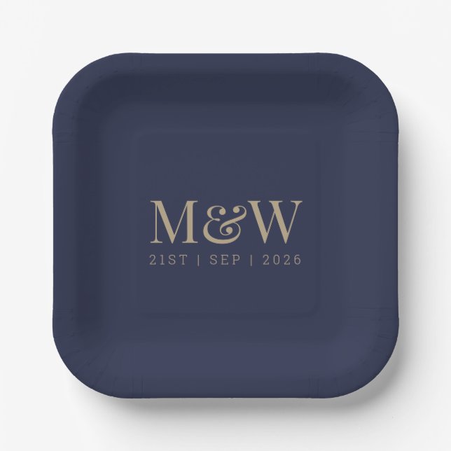 Navy Gold Monogram Modern Blue Wedding Pappteller (Vorderseite)