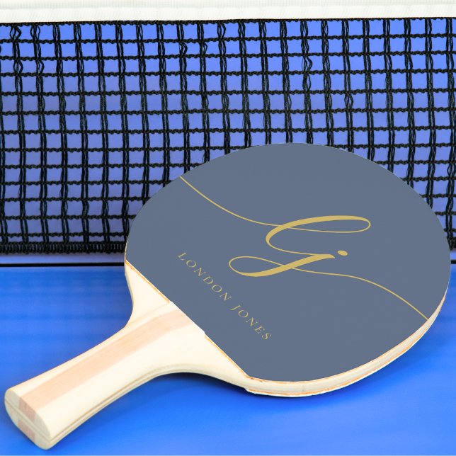 Navy Gold Monogram Script Name Modern Mit Monogram Tischtennis Schläger (Von Creator hochgeladen)