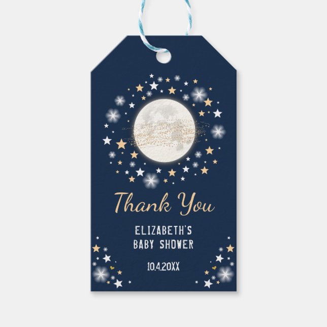 Navy Gold Moon Baby Shower Favoriten Twinkle Star Geschenkanhänger (Vorderseite)