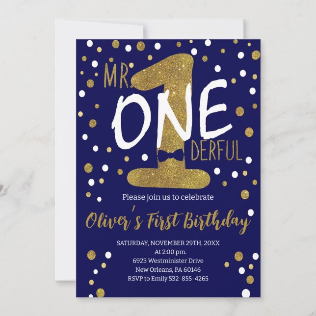 Navy & Gold, Mr. Onederful Birthday, Polka Dots Einladung (Vorderseite)