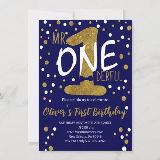 Navy & Gold, Mr. Onederful Birthday, Polka Dots Einladung