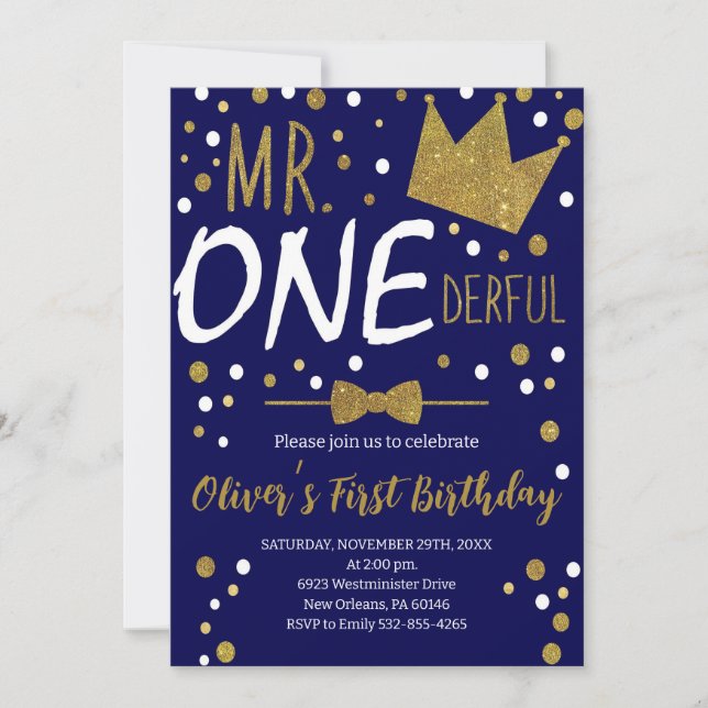 Navy & Gold, Mr. Onederful Birthday, Polka Dots Einladung (Vorderseite)