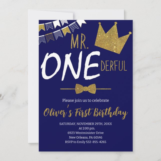 Navy & Gold, Mr.Onederful Invite, Junge 1. Geburts Einladung (Vorderseite)