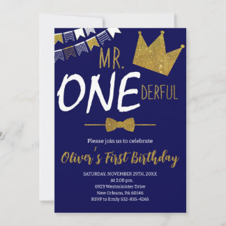 Navy & Gold, Mr.Onederful Invite, Junge 1. Geburts Einladung